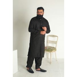 Men’s Black Slub Kameez Shalwar | Kurtaas Men | Black Kameez Shalwar | Men Kameez Shalwar