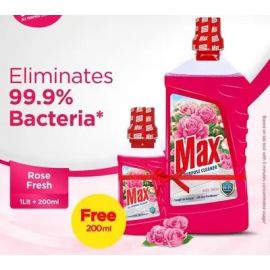 Max All Purpose Rose Fresh Surface Cleaner Promo 1000 ml + 200 ml Free (Without Tray)