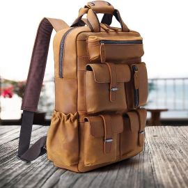 Genuine Leather Backpack for Men Vintage 17.6 Inch Laptop Bag Multi Pockets Travel Daypack