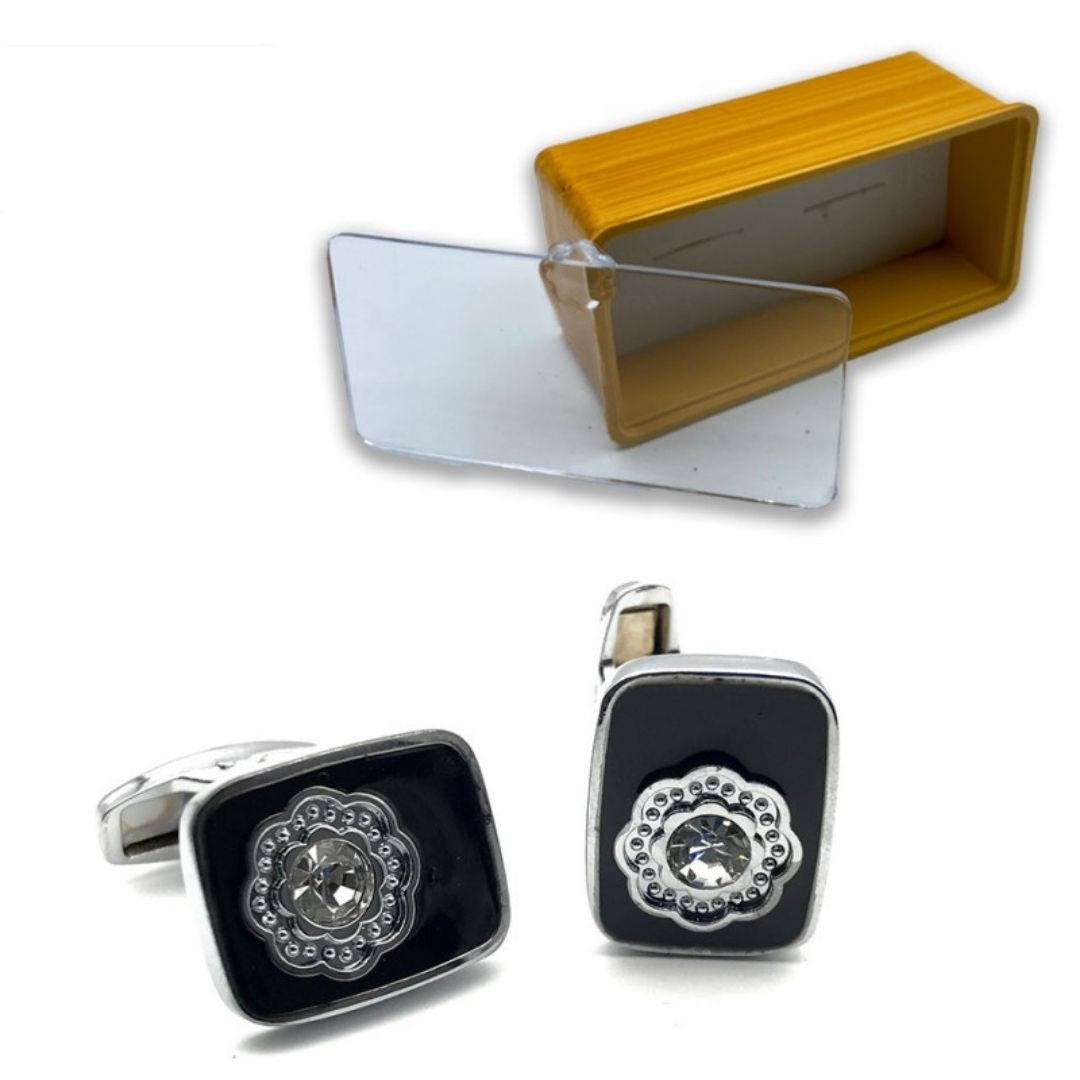 Fashion Men's Cufflink Silver Black Flower