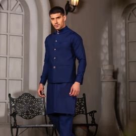 NAVY BLUE KURTA PAJAMA WITH WAISTCOAT