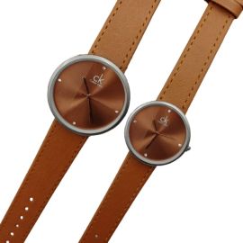 Calvin Klein Round Shape Dial Couple With Leather Straps Watch With Box