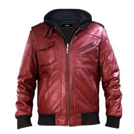 RED HOODED ZIPPER LEATHER JACKET
