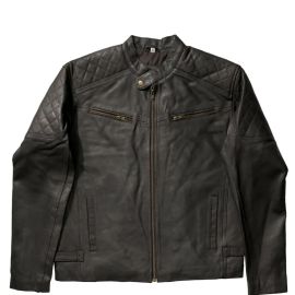 SIGNATURE BROWN CROSS-PADDED LEATHER JACKET