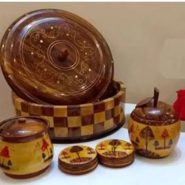 Wooden tukri hot pot with sugar pot and tea mat set